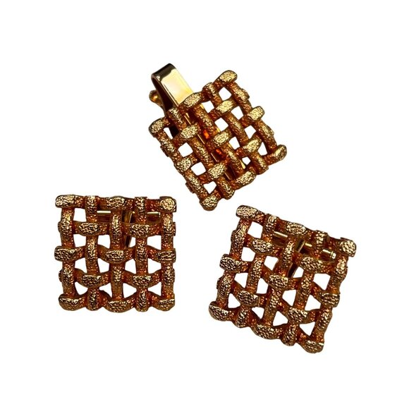 Cufflinks Tie Clip Tack Gold Tone Woven Waffle Grid Nugget Set 3 pc Cuff Links - Picture 1 of 4